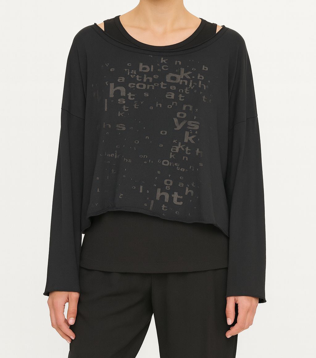 Black Layered Long-Sleeve Top with Abstract Text Print