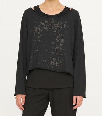 Black Layered Long-Sleeve Top with Abstract Text Print