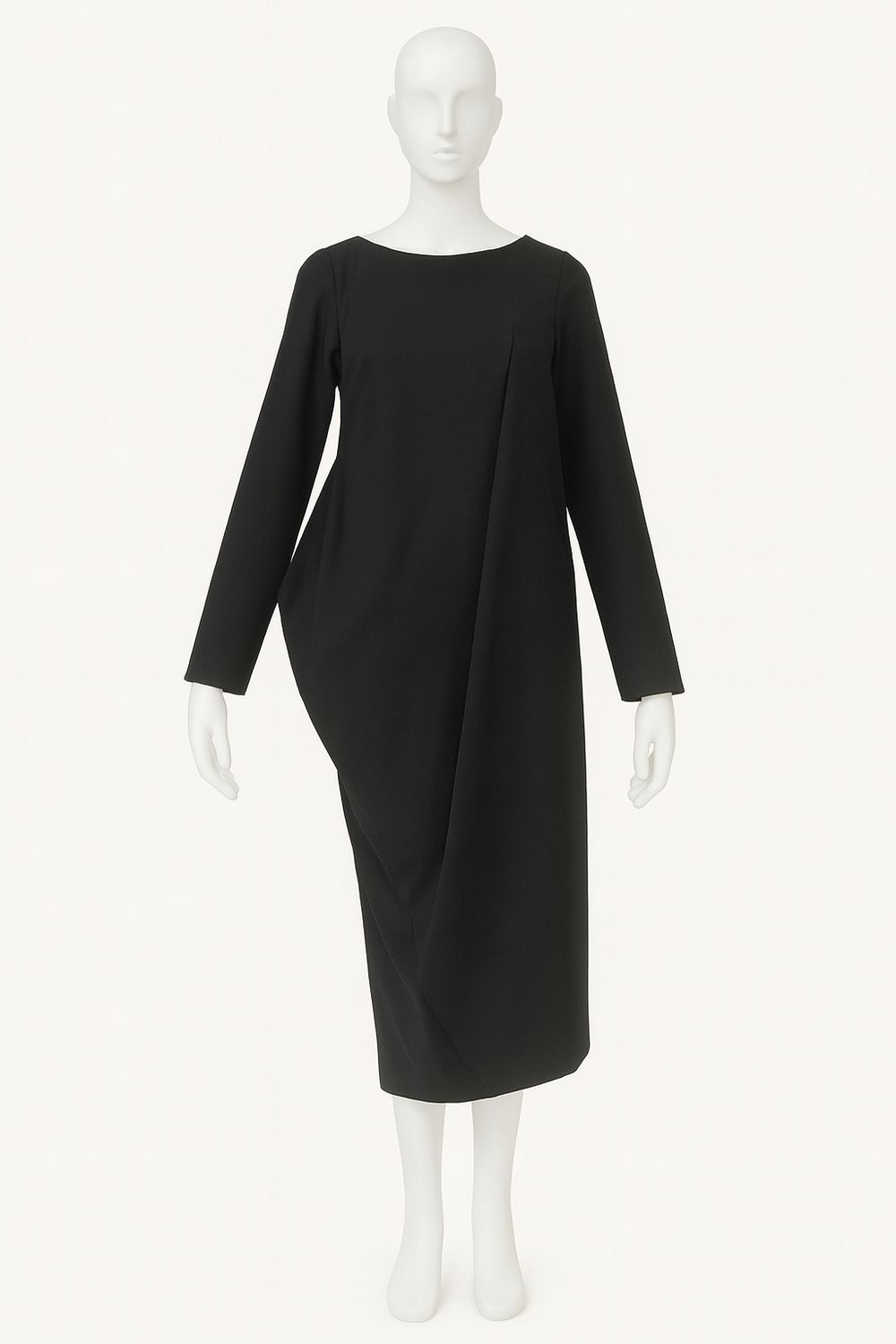 Black Asymmetrical Drape Long-Sleeve Dress