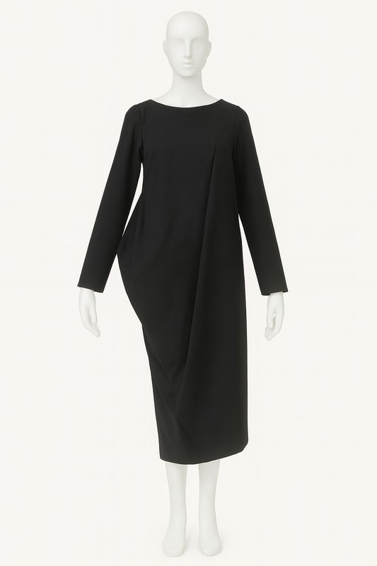 Black Asymmetrical Drape Long-Sleeve Dress