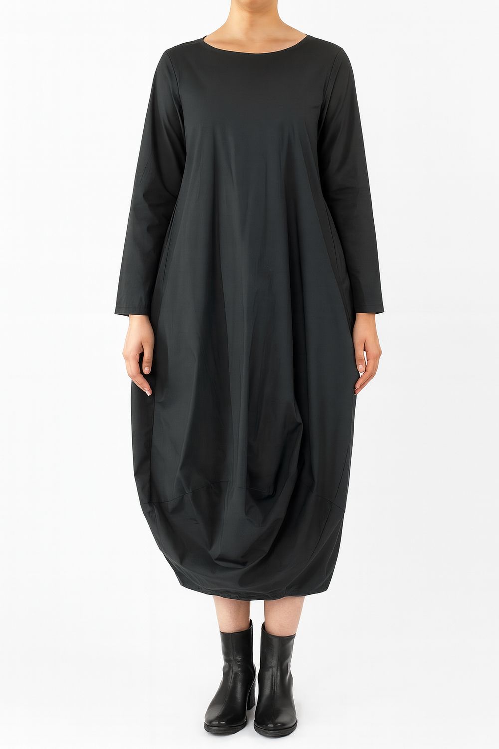 Black Long Sleeve Cocoon Dress with Draped Hem