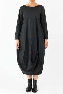 Black Long Sleeve Cocoon Dress with Draped Hem