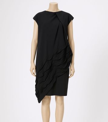 Black Sculptural Draped Dress with Asymmetrical Ruffle Detail