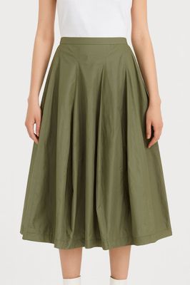 Khaki Green Midi Skirt with Pleated Volume