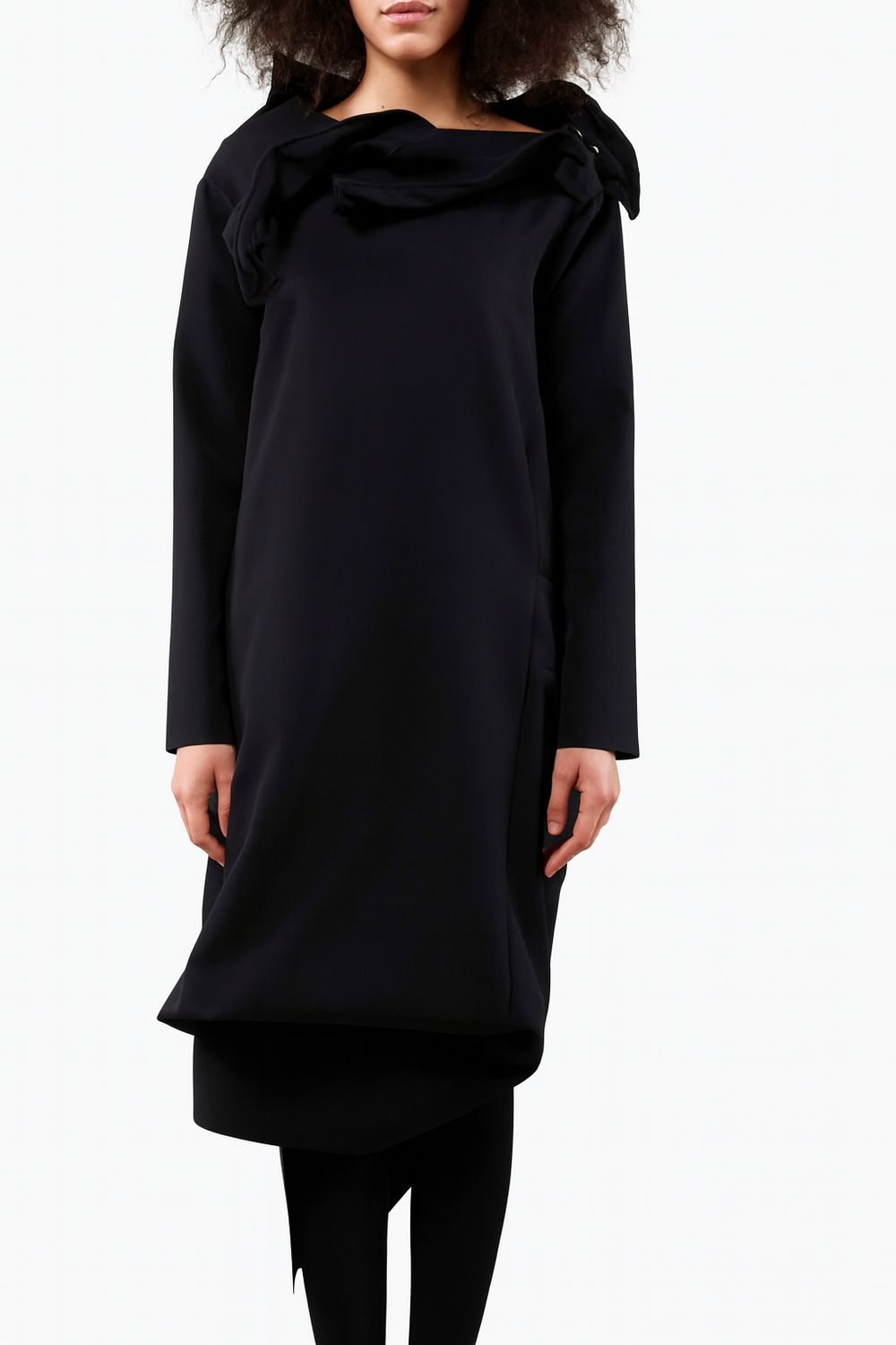 Black Avant-Garde Dress with Sculptural Neckline and Asymmetrical Hem