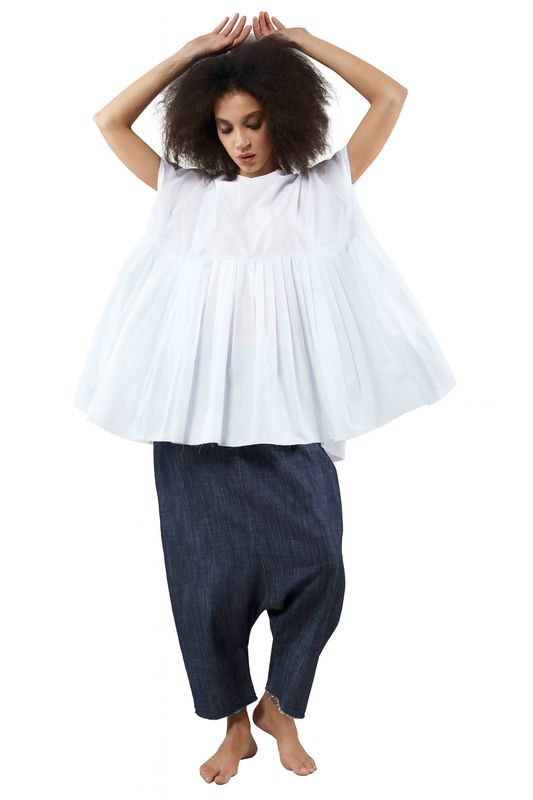 White Pleated Babydoll Top with Voluminous Hem