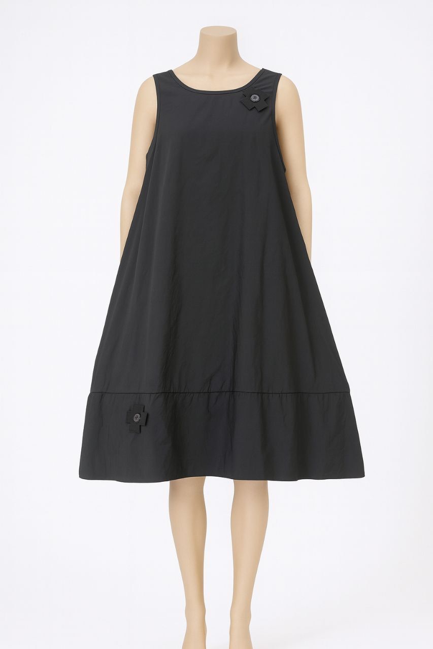 Black Sleeveless A-Line Dress with Button Detail