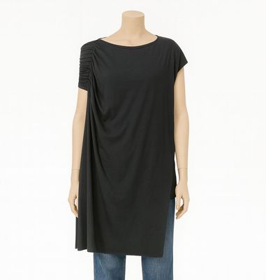 Black Asymmetrical Tunic Top with Ruched Shoulder