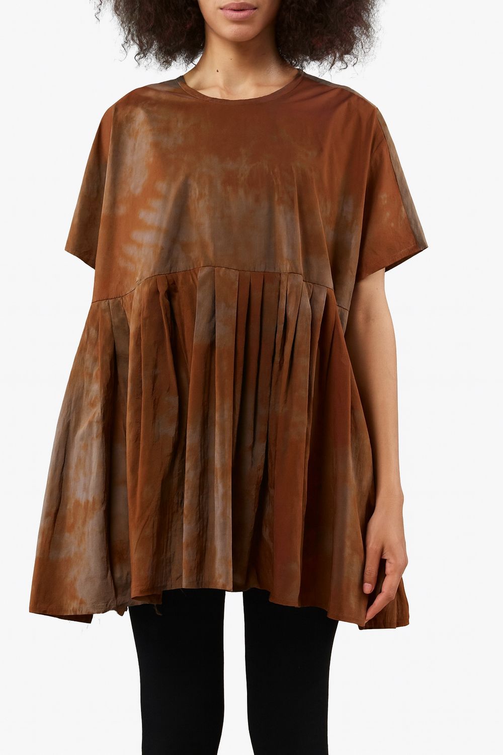 Rust Tie-Dye Pleated Oversized Tunic Dress