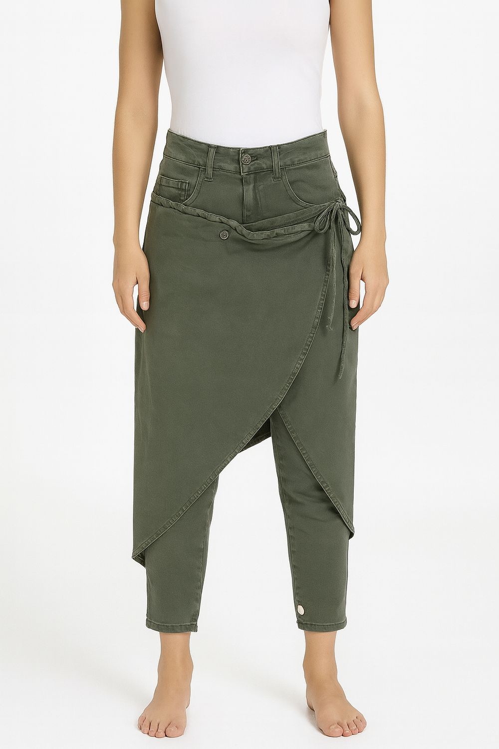 Olive Green Wrap-Over Layered Pants