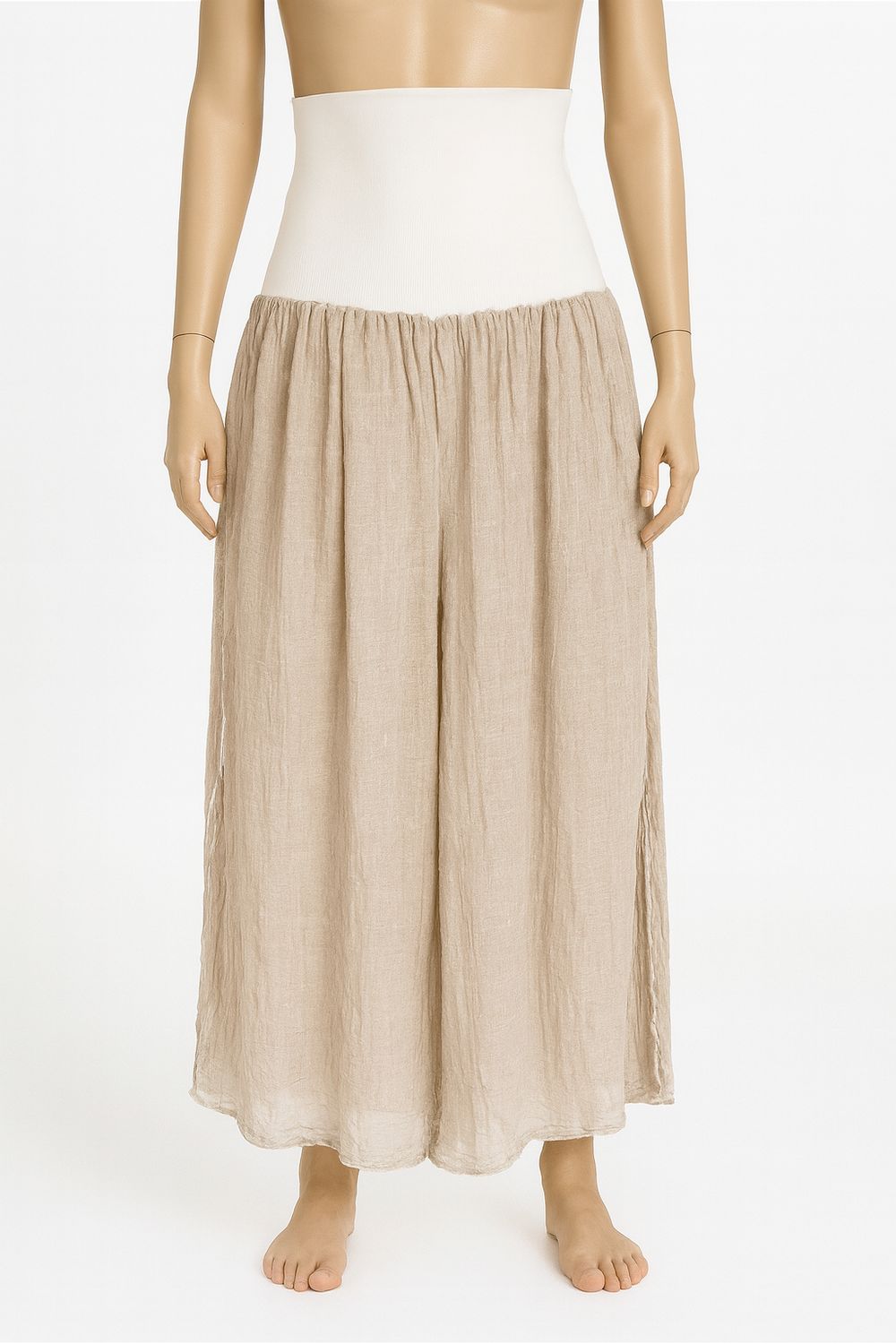 White and Beige Wide-Leg Trousers