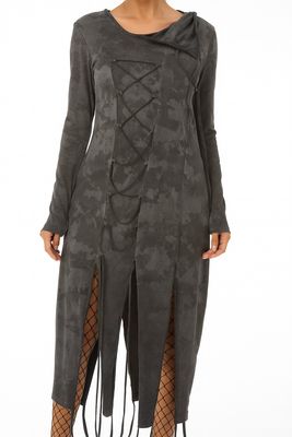 Grey Lace-Up Hooded Maxi Dress