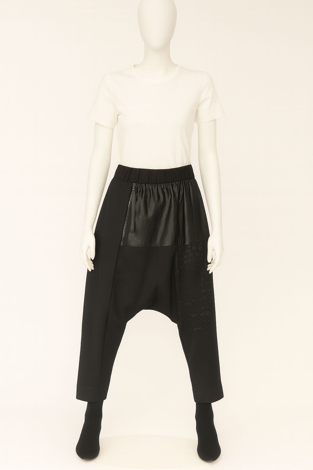 Black Drop-Crotch Harem Pants with Mixed Textures