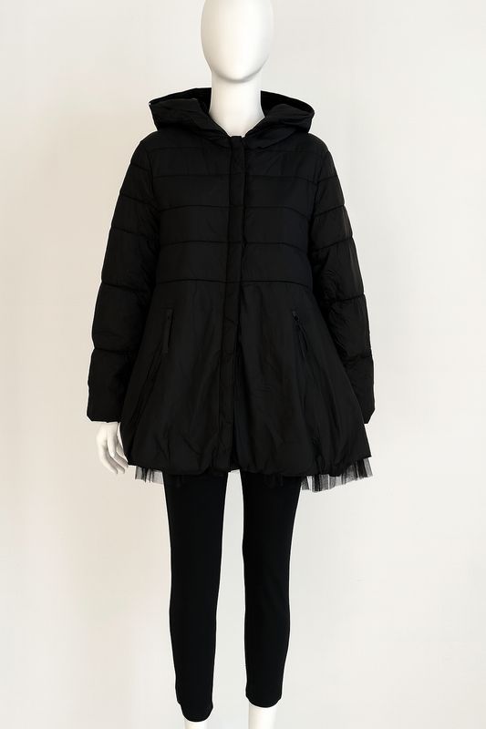 Hooded Puffer Jacket with Tulle Hem