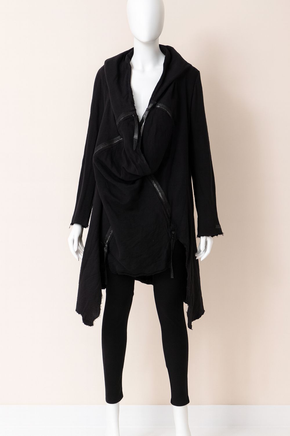 Asymmetric Draped Zip Coat with Hood