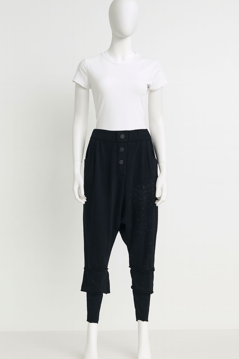 Deconstructed Drop-Crotch Pants with Typographic Print