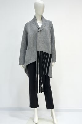 Asymmetric Grey Wool Coat with Fringe Detail