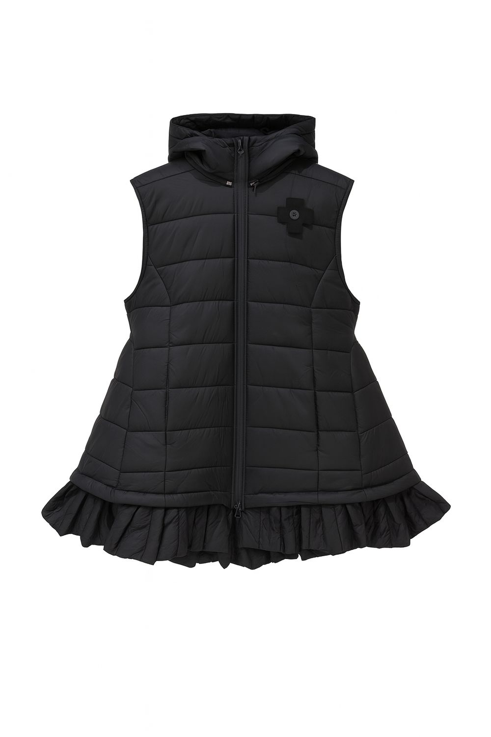 Black Ruffled Hem Puffer Vest