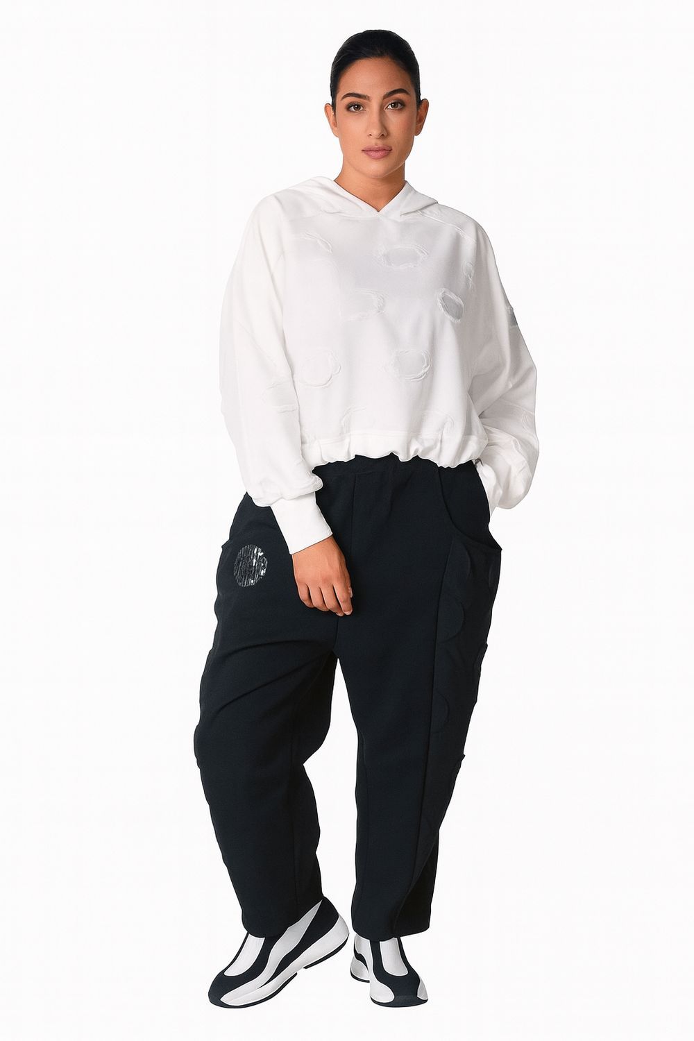 Textured Polka Hoodie And Black Circular Detail Trousers Set