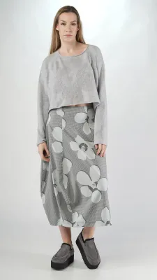Grey Knit Cropped Pullover with Floral Detail