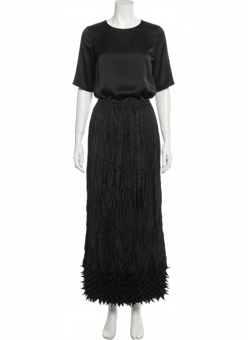 Textured Crinkle Black Maxi Skirt with Sculpted Hem