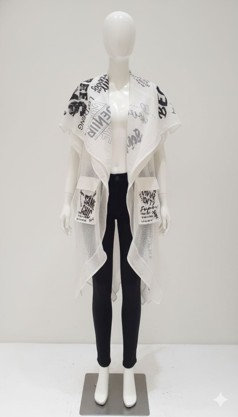 Mesh Graphic Statement Long Vest – White