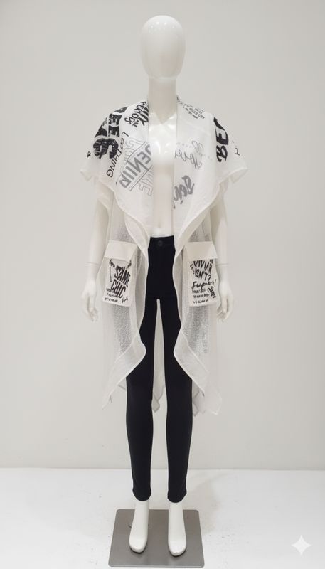 Mesh Graphic Statement Long Vest – White