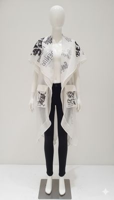 Mesh Graphic Statement Long Vest – White
