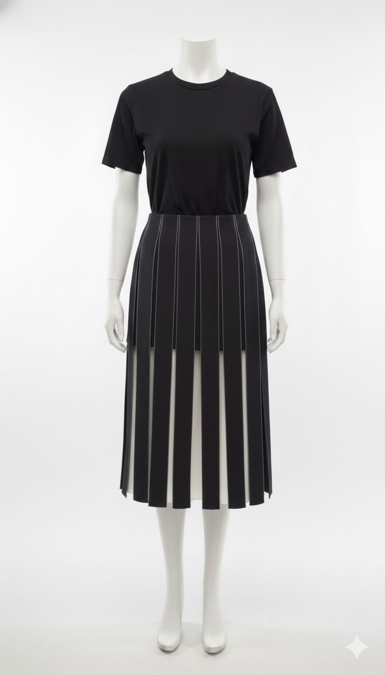 Black Panelled Pleat Skirt with Contrast Stitching