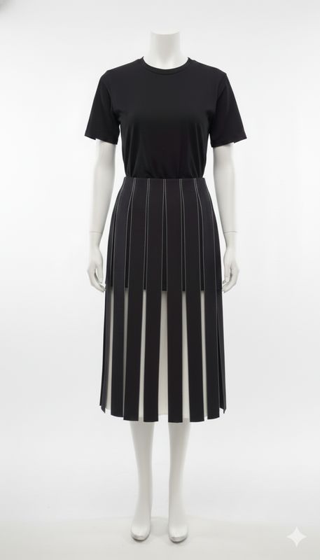 Black Panelled Pleat Skirt with Contrast Stitching