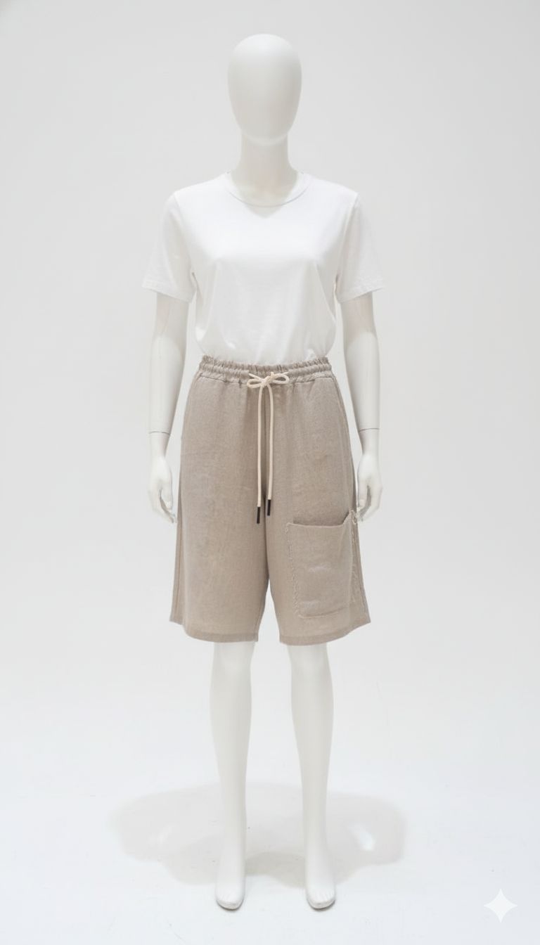 Beige Textured Linen Drawstring Shorts