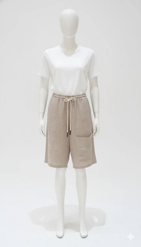 Beige Textured Linen Drawstring Shorts