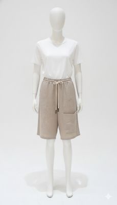 Beige Textured Linen Drawstring Shorts