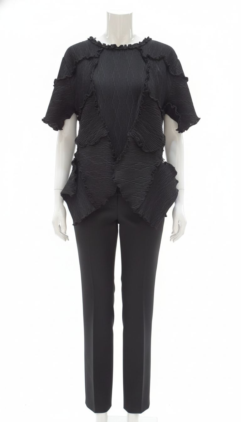 Black Layered Ruffle Pleat Top