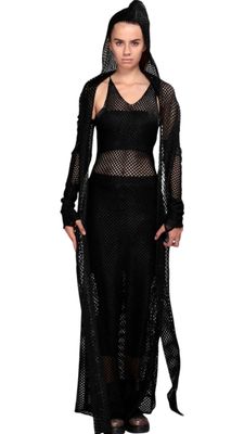 Bold Futuristic Fishnet Hooded Duster – Edgy &amp; Statement Outerwear