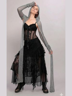Bold Futuristic Fishnet Hooded Duster – Edgy &amp; Statement Outerwear