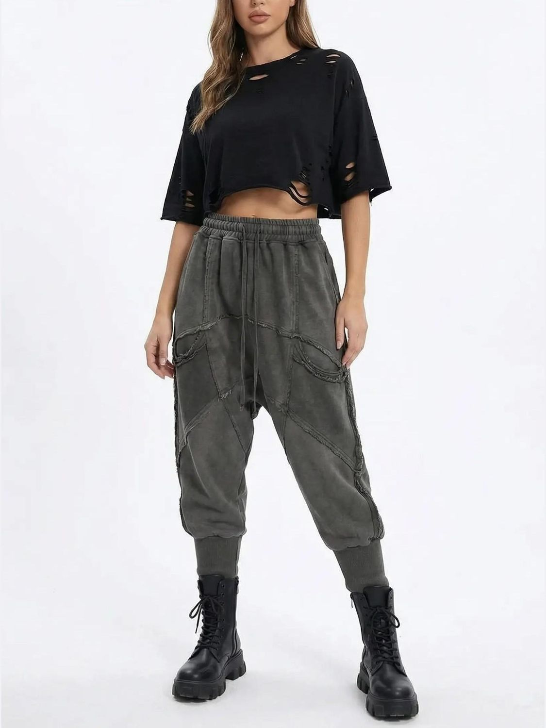 Distressed Patchwork Drop-Crotch Pants