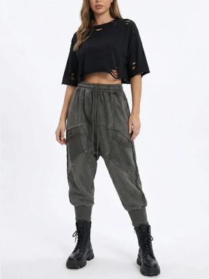 Distressed Patchwork Drop-Crotch Pants