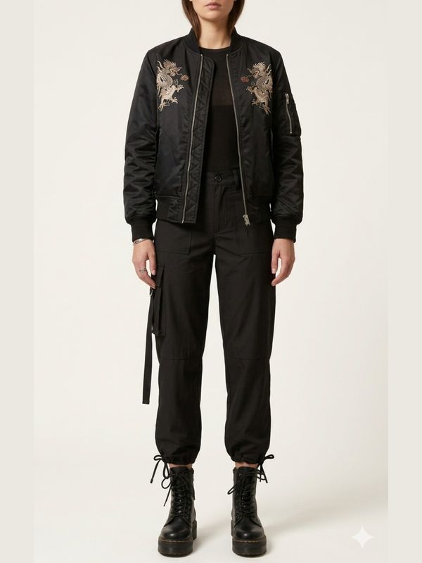 Black Utility Cargo Pants – High-Waist Tapered Fit for Women