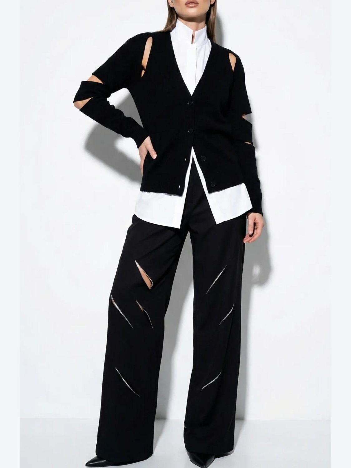 Black Wide-Leg Pants with Slashed Detail – Edgy Minimalist Trousers