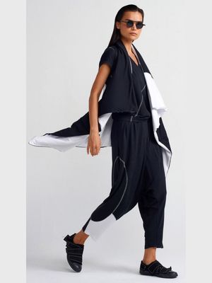 Asymmetrical Drape Vest – Black &amp; White Statement Layer