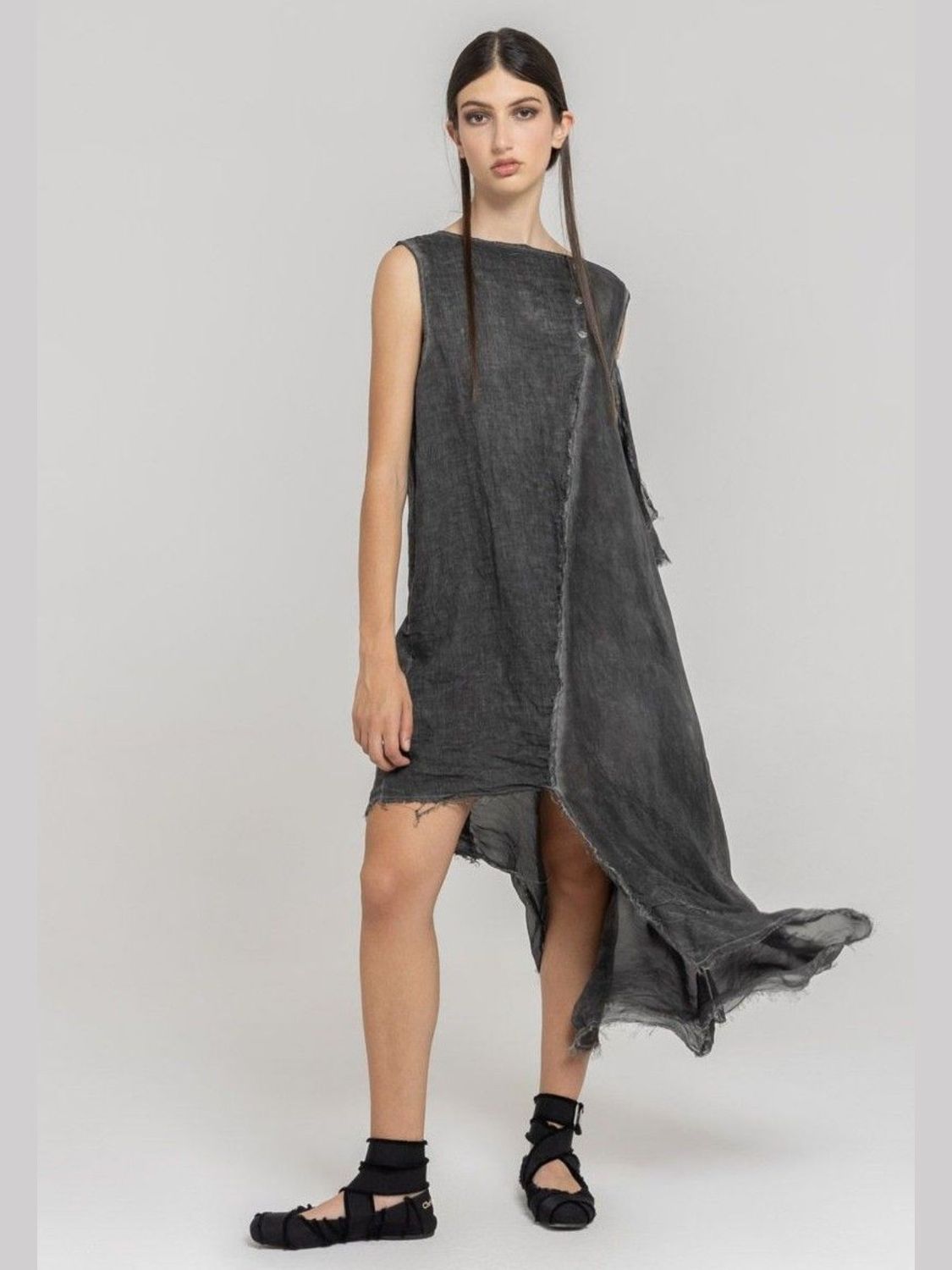Asymmetrical Raw-Edge Midi Dress – Edgy Minimalist Statement
