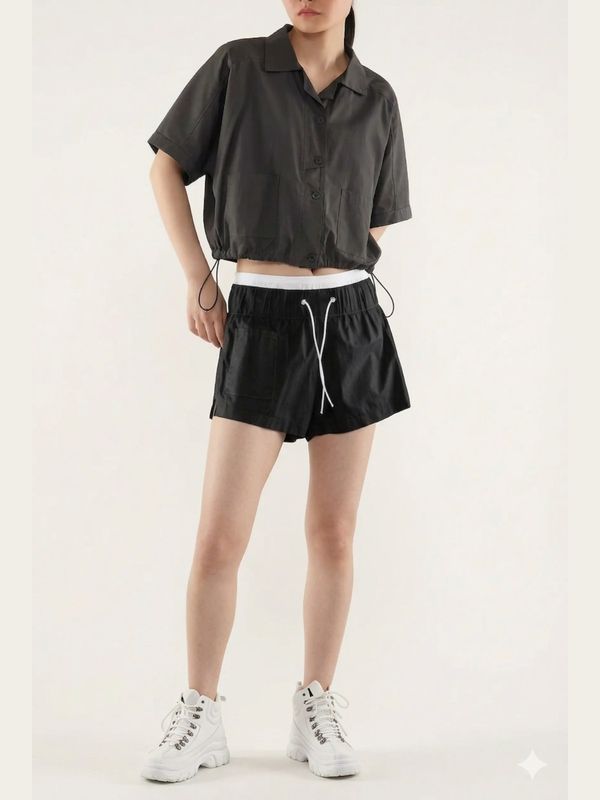 Jet Black Boxy Button-Up Top – Contemporary Minimalist Shirt