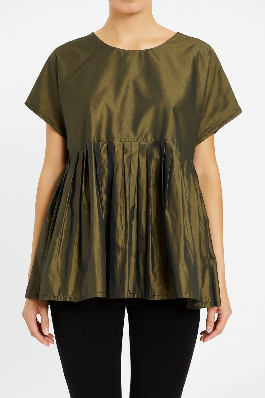 Metallic Olive Pleated Top