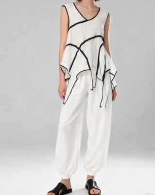 White V-Neck Draped Tunic with Bold Black Contrast Trim