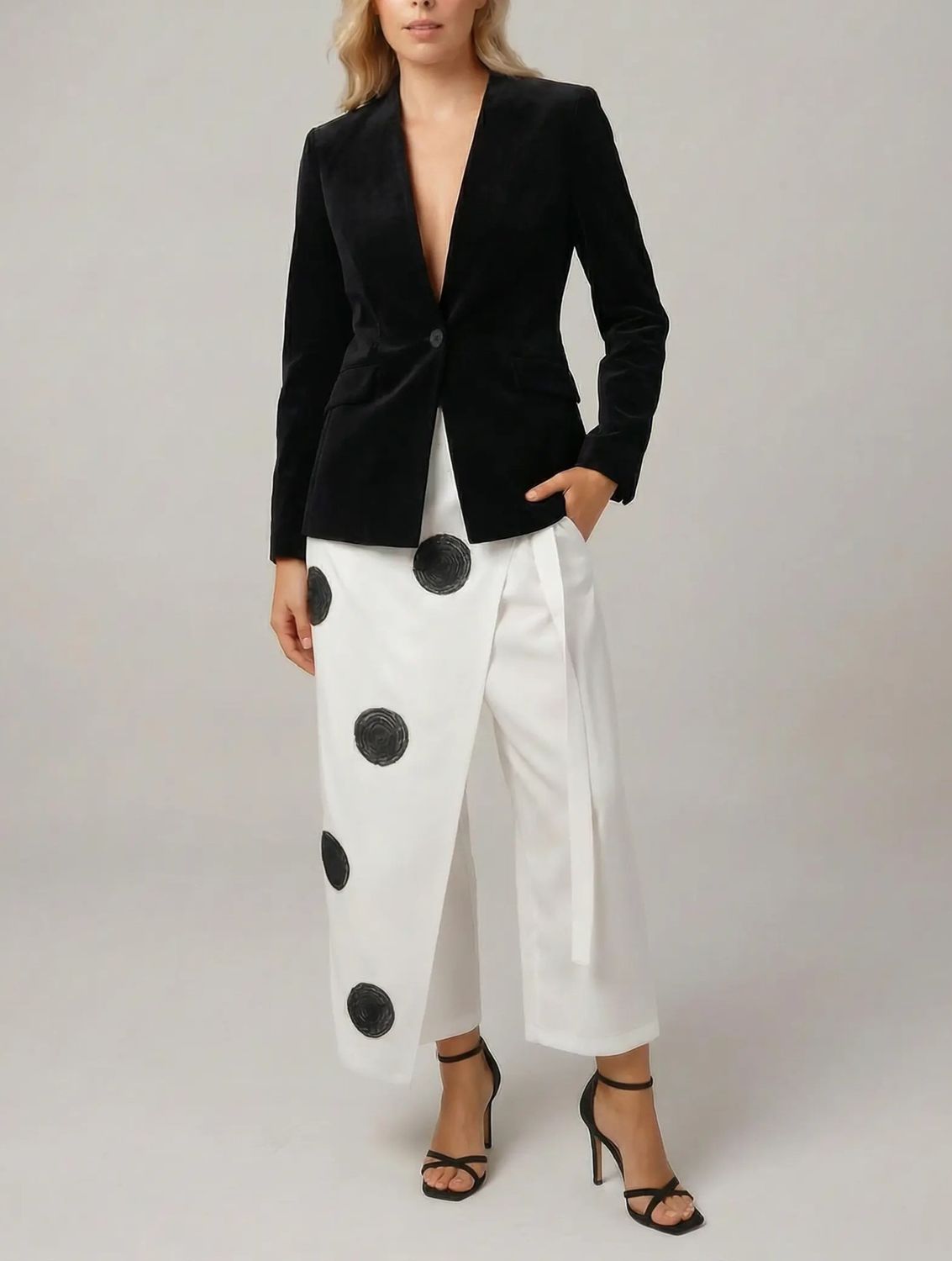 White Wide-Leg Pants with Black Embroidered Circles