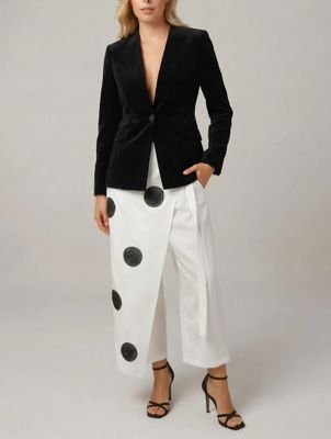White Wide-Leg Pants with Black Embroidered Circles
