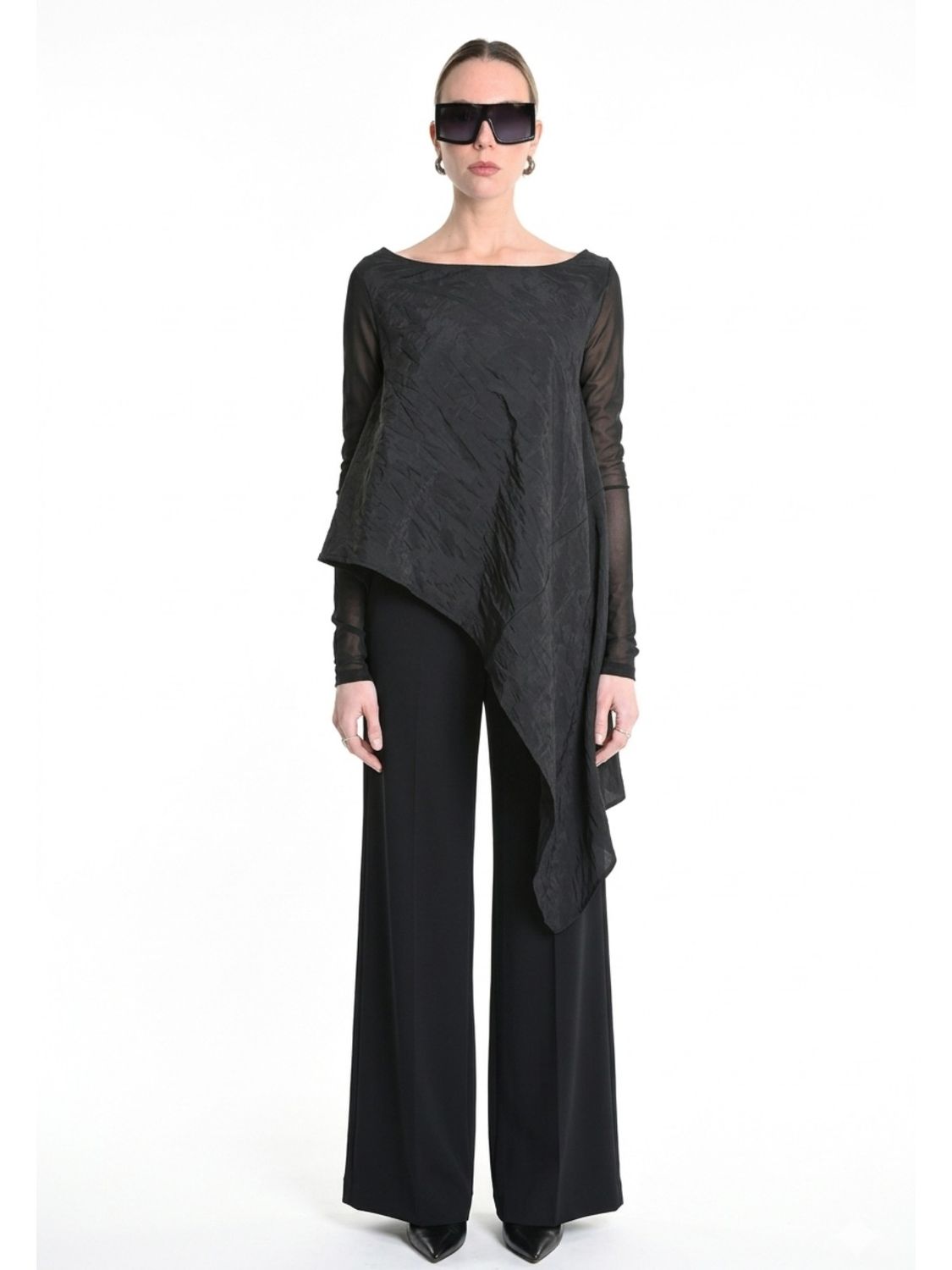 Black Asymmetrical Draped Top – Avant-Garde Sheer Sleeve Designer Blouse
