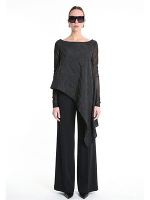 Black Asymmetrical Draped Top – Avant-Garde Sheer Sleeve Designer Blouse