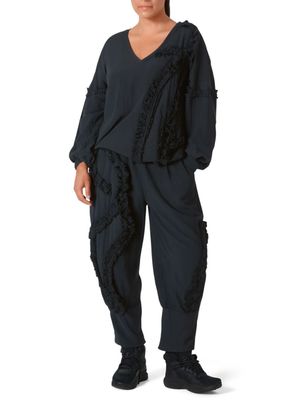 Black Textured Ruffle Pullover Blouse &amp; Textured Ruffle Pants Set